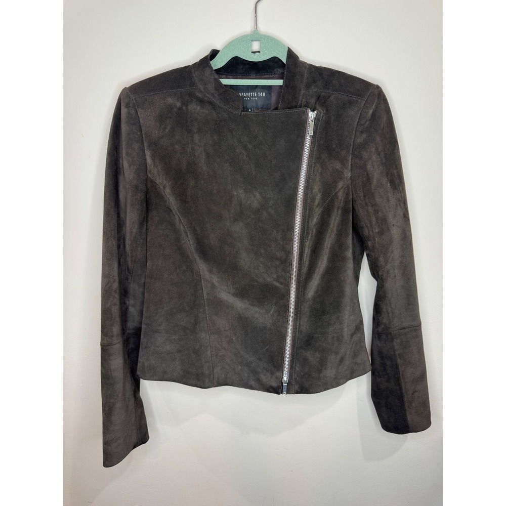 Lafayette 148 Brown Suede Leather Moto Jacket sz 6 Asymmetrical Zip